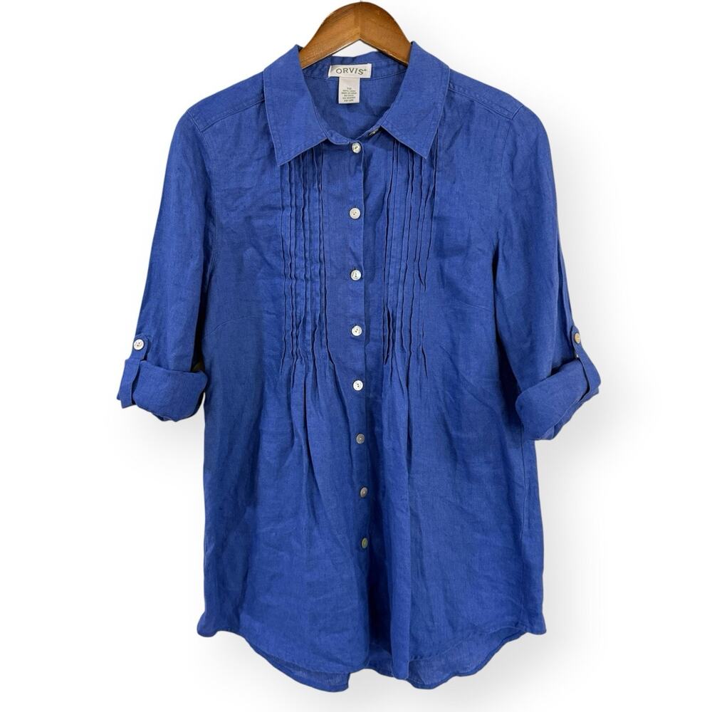 Orvis Women's 100% Linen Pintuck Button-Up Shirt Tunic 10 Blue Roll Tab Sleeve
